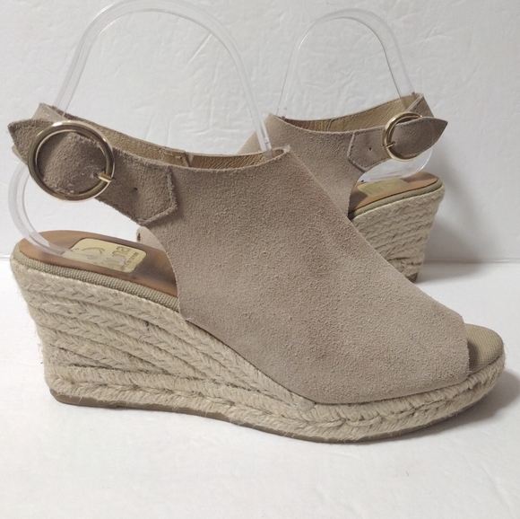 KANNA Made in Spain Taupe Suede Leather Wedge Peep Toe Espadrille Sandal Size 37 - Picture 6 of 10